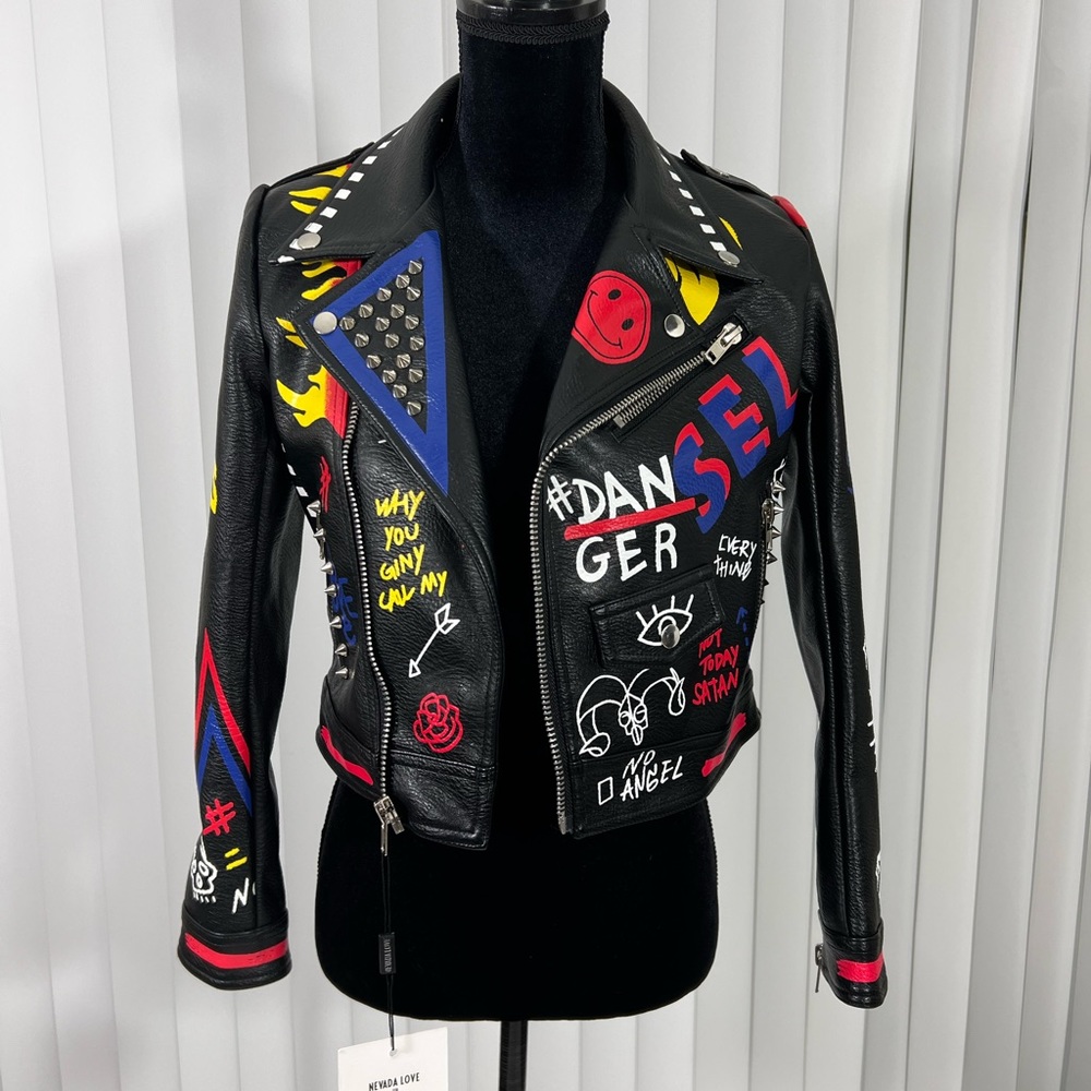 NEVADA LOVE France Faux Vegan Studded Leather Moto Jacket Graffiti Print Black S